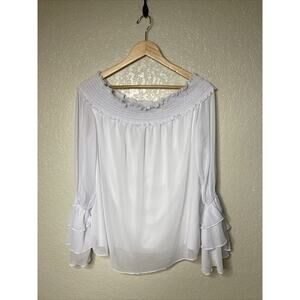 KOJOOIN Off The Shoulders Sheer Top Sz XL Long Ruffle Sleeves Peasant Gypsy